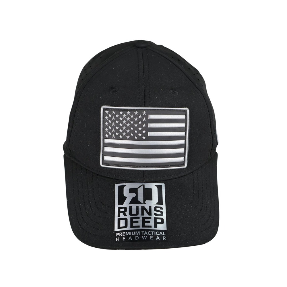 Runs Deep Hat Cap Snap Back Mens One Size Black Tactical Mesh USA Flag Patch